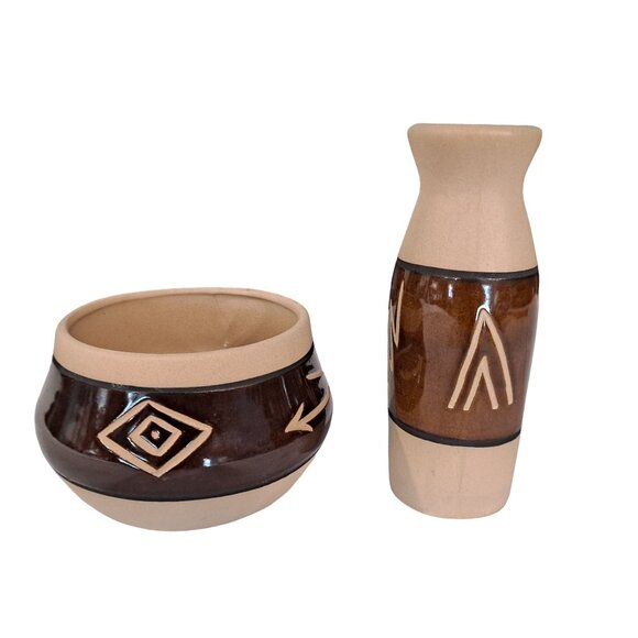 Vintage Saguaro Stoneware Studio Art Pottery Vase And Bowl Native American AZ - Picture 4 of 10